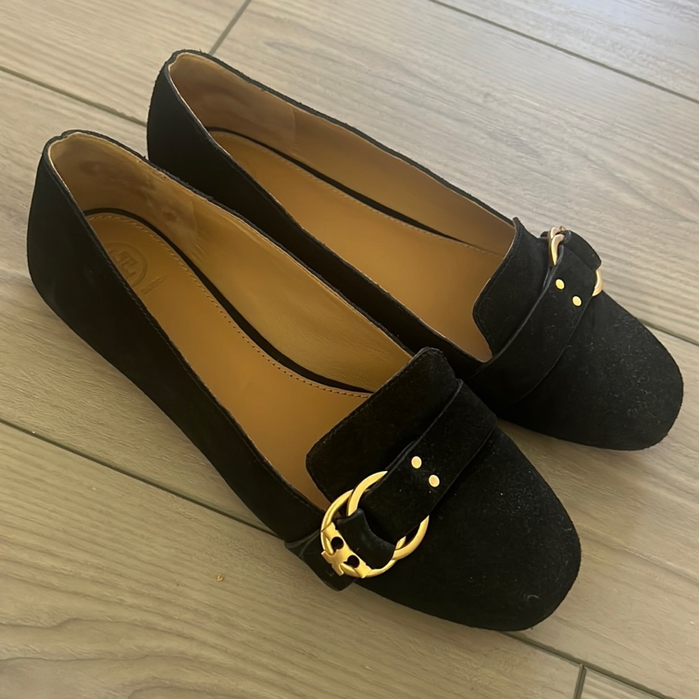 Tory Burch Black Suede Loafers with Gold Buckle